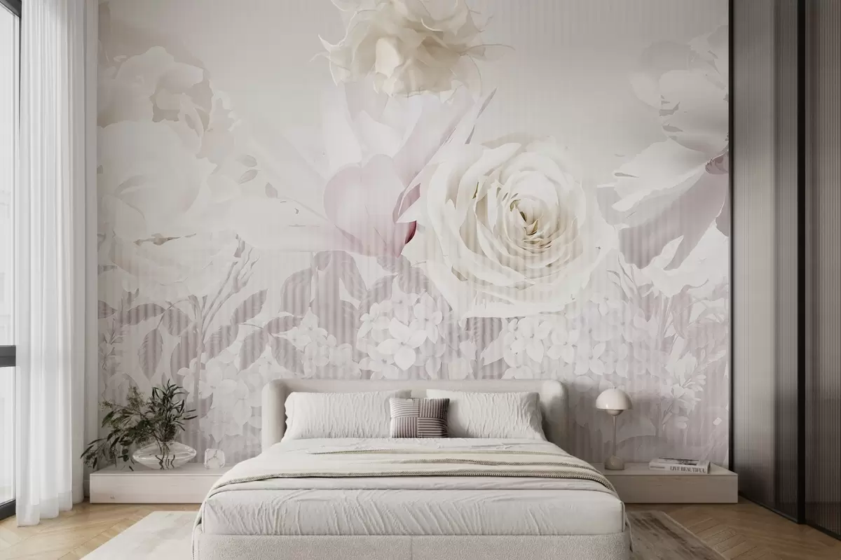 wall murals Floral arrangement featuring roses, hydrangeas , and tulips in soft pastel shades of white, pink  and beige, with striped texture w09340