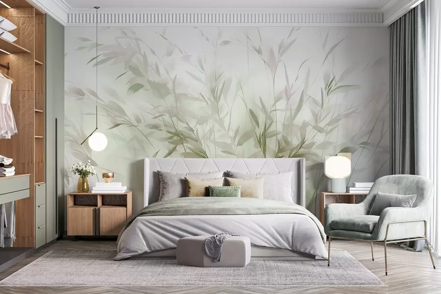 wall murals Grass and weeds with thin leaves and stems, light green and brown colors, soft and delicate brushstrokes, minimalist print w09342