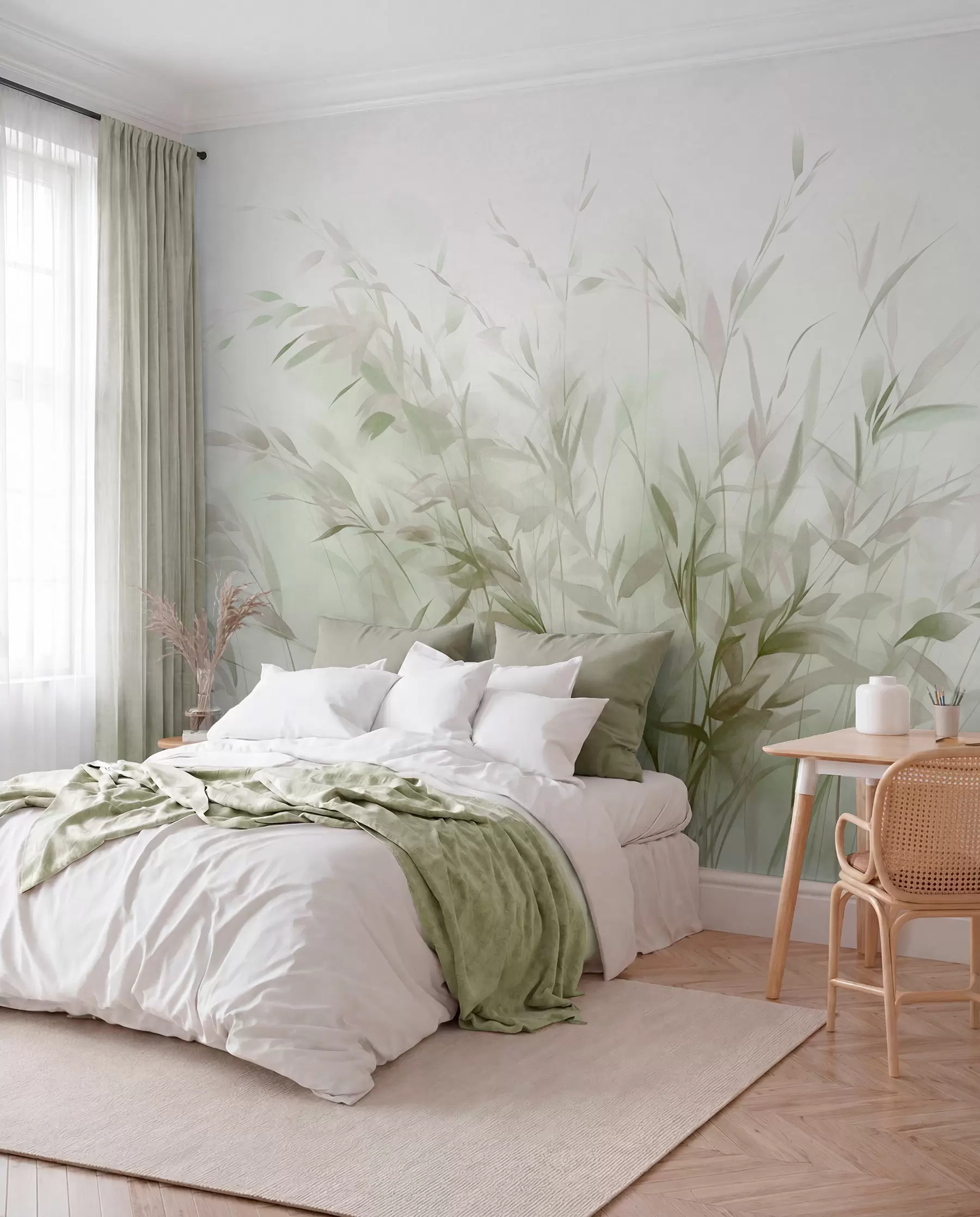 wall murals Grass and weeds with thin leaves and stems, light green and brown colors, soft and delicate brushstrokes, minimalist print w09342