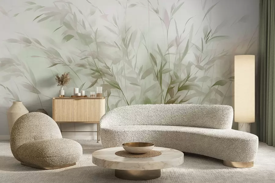 wall murals Grass and weeds with thin leaves and stems, light green and brown colors, soft and delicate brushstrokes, minimalist print w09342