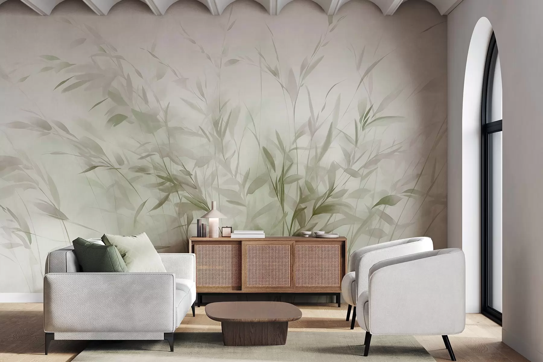 wall murals Grass and weeds with thin leaves and stems, light green and brown colors, soft and delicate brushstrokes, minimalist print w09342