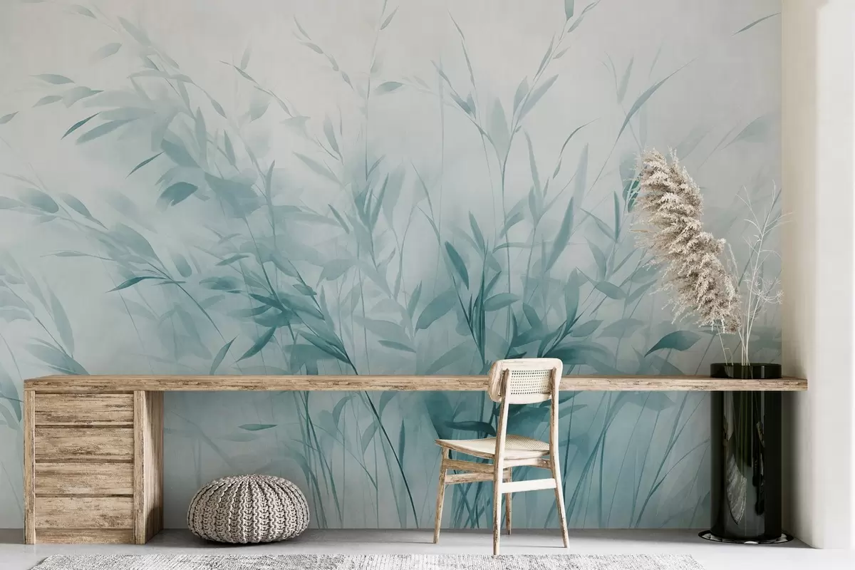 wall murals Grass and weeds with thin leaves and stems, light blue colors, soft and delicate brushstrokes, minimalist print w09342v1
