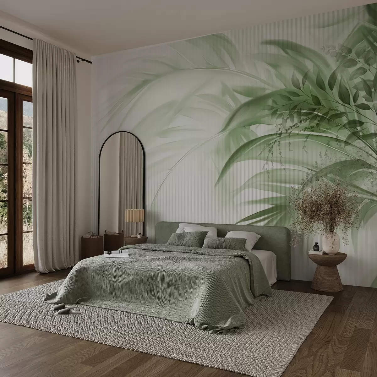 wall murals Palm tropical green leaves with a white striped background, soft lighting, delicate brushstrokes, organic forms w09343