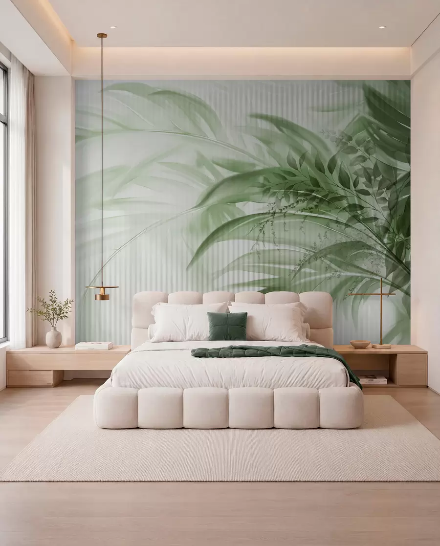 wall murals Palm tropical green leaves with a white striped background, soft lighting, delicate brushstrokes, organic forms w09343