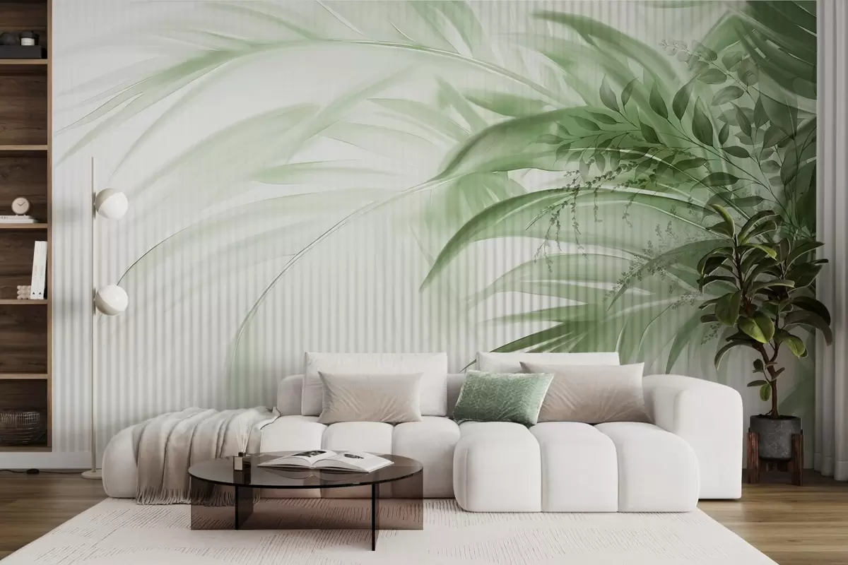 wall murals Palm tropical green leaves with a white striped background, soft lighting, delicate brushstrokes, organic forms w09343