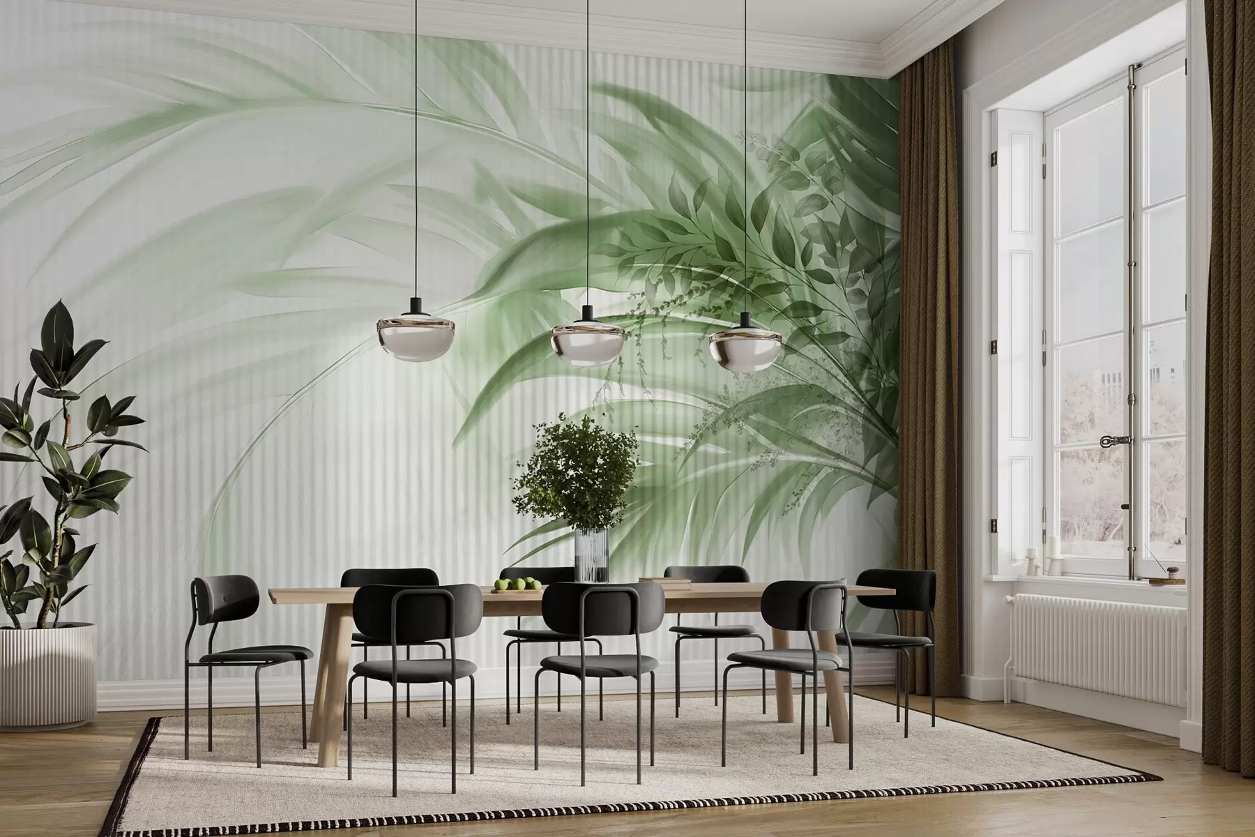 wall murals Palm tropical green leaves with a white striped background, soft lighting, delicate brushstrokes, organic forms w09343