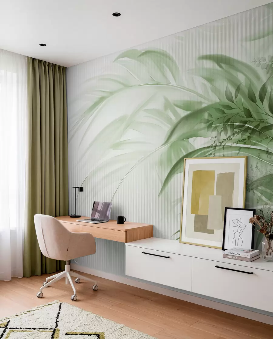 wall murals Palm tropical green leaves with a white striped background, soft lighting, delicate brushstrokes, organic forms w09343