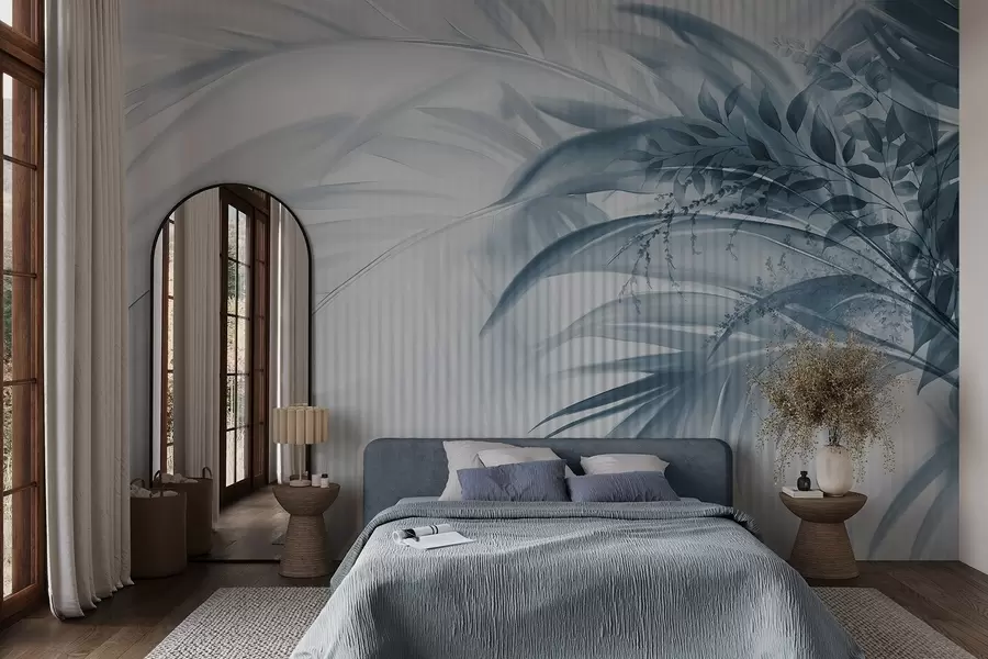 wall murals Palm tropical blue leaves with a white striped background, soft lighting, delicate brushstrokes, organic forms w09343v1