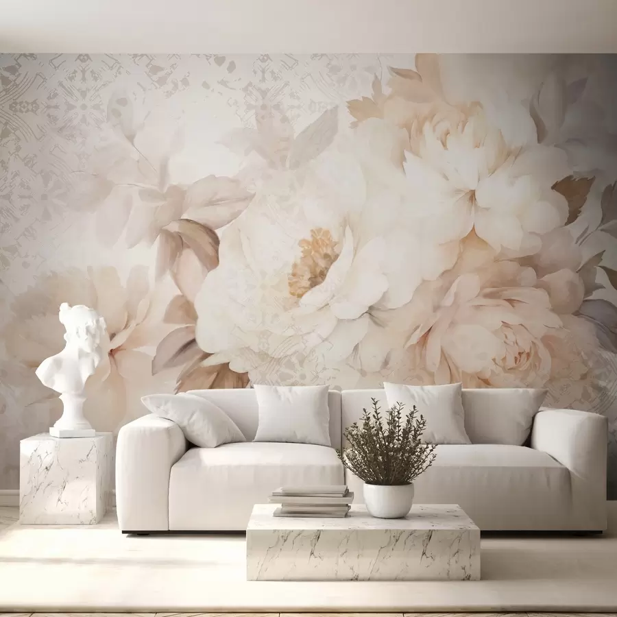 wall murals A floral arrangement of white peonies with beige leaves, set against a decorative background with a vintage texture w09345