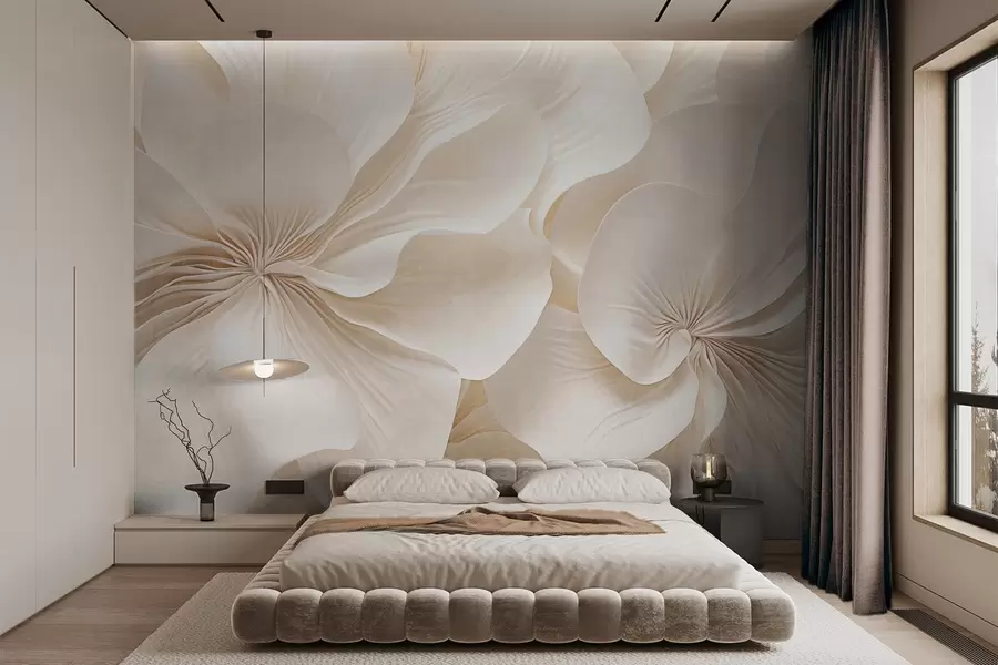 wall murals Close-up of creamy textured flowers with delicate, flowing petals, creating a soft, elegant, and textured floral arrangement w09346