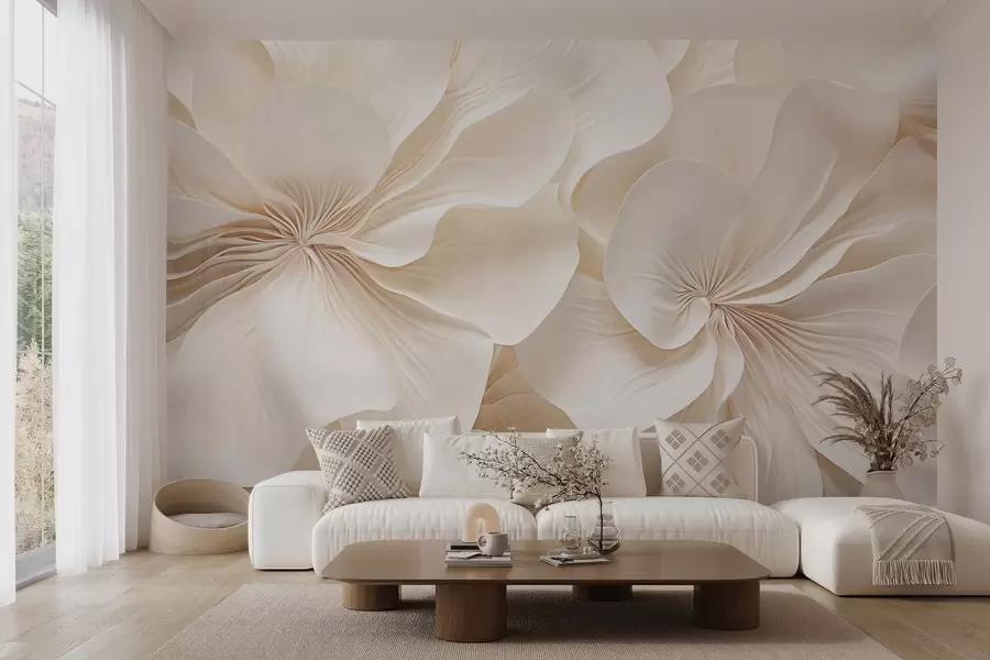 wall murals Close-up of creamy textured flowers with delicate, flowing petals, creating a soft, elegant, and textured floral arrangement w09346
