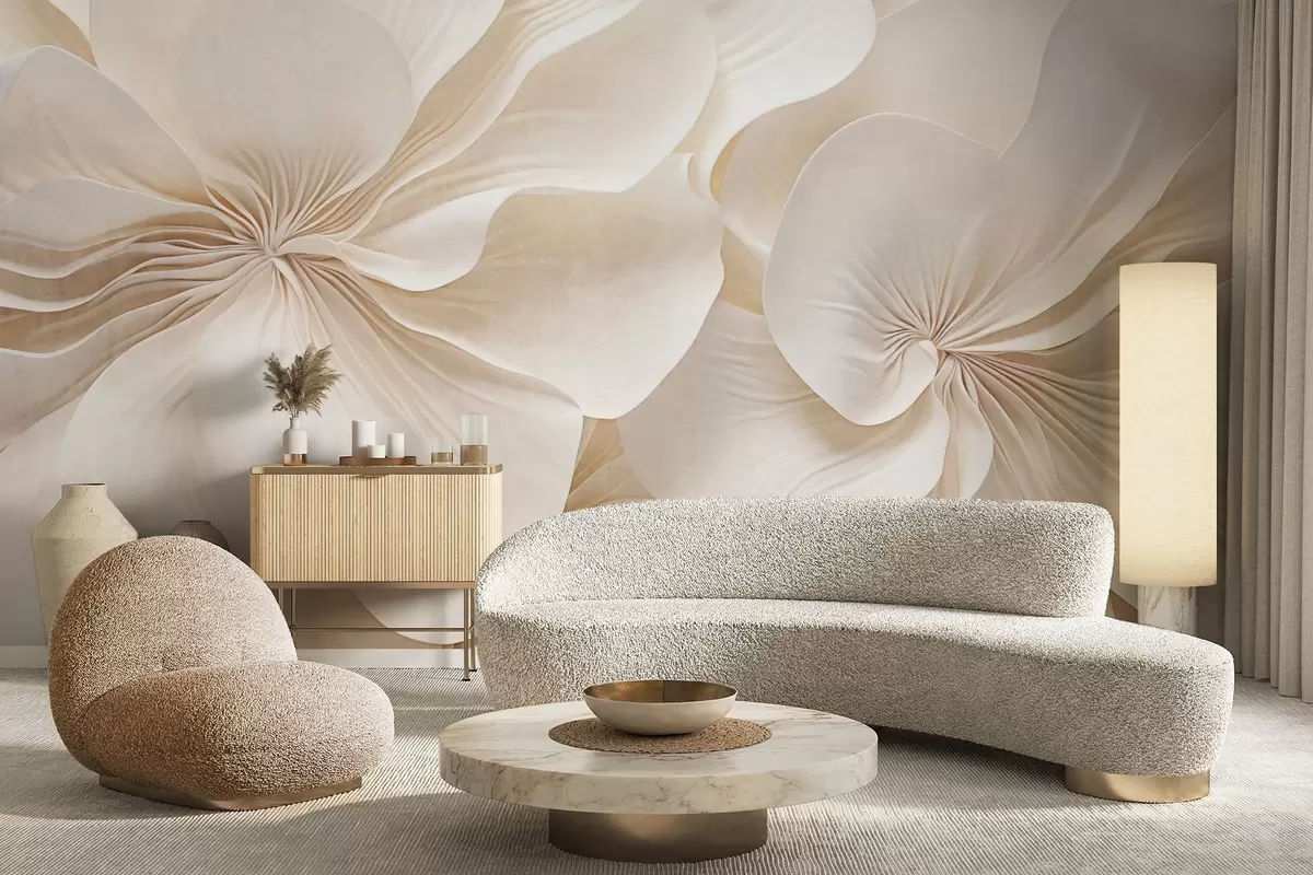 wall murals Close-up of creamy textured flowers with delicate, flowing petals, creating a soft, elegant, and textured floral arrangement w09346