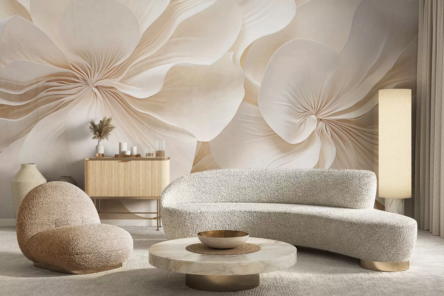 wall murals Close-up of creamy textured flowers with delicate, flowing petals, creating a soft, elegant, and textured floral arrangement w09346