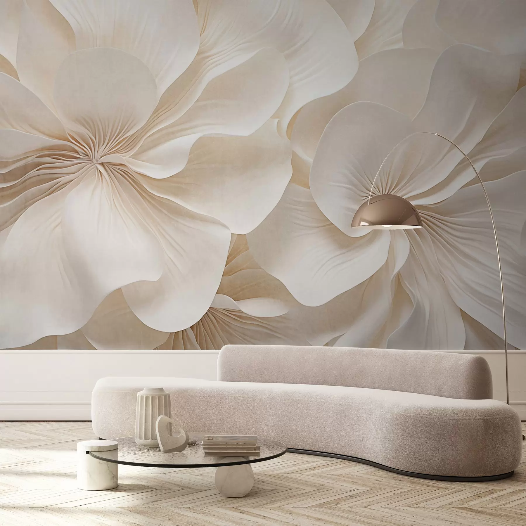 wall murals Close-up of creamy textured flowers with delicate, flowing petals, creating a soft, elegant, and textured floral arrangement w09346