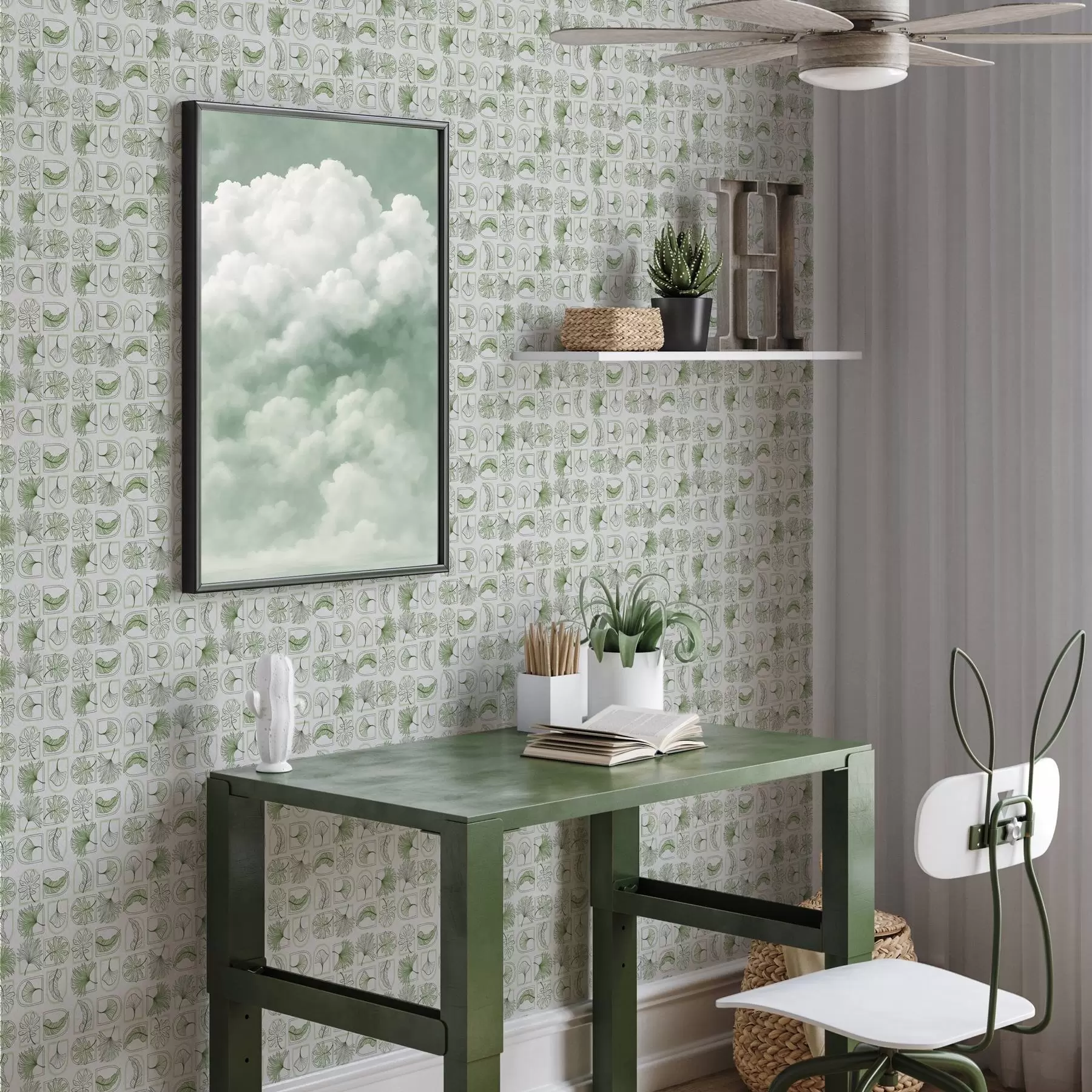 wall murals Graphic pattern with green leaves in squares a00287