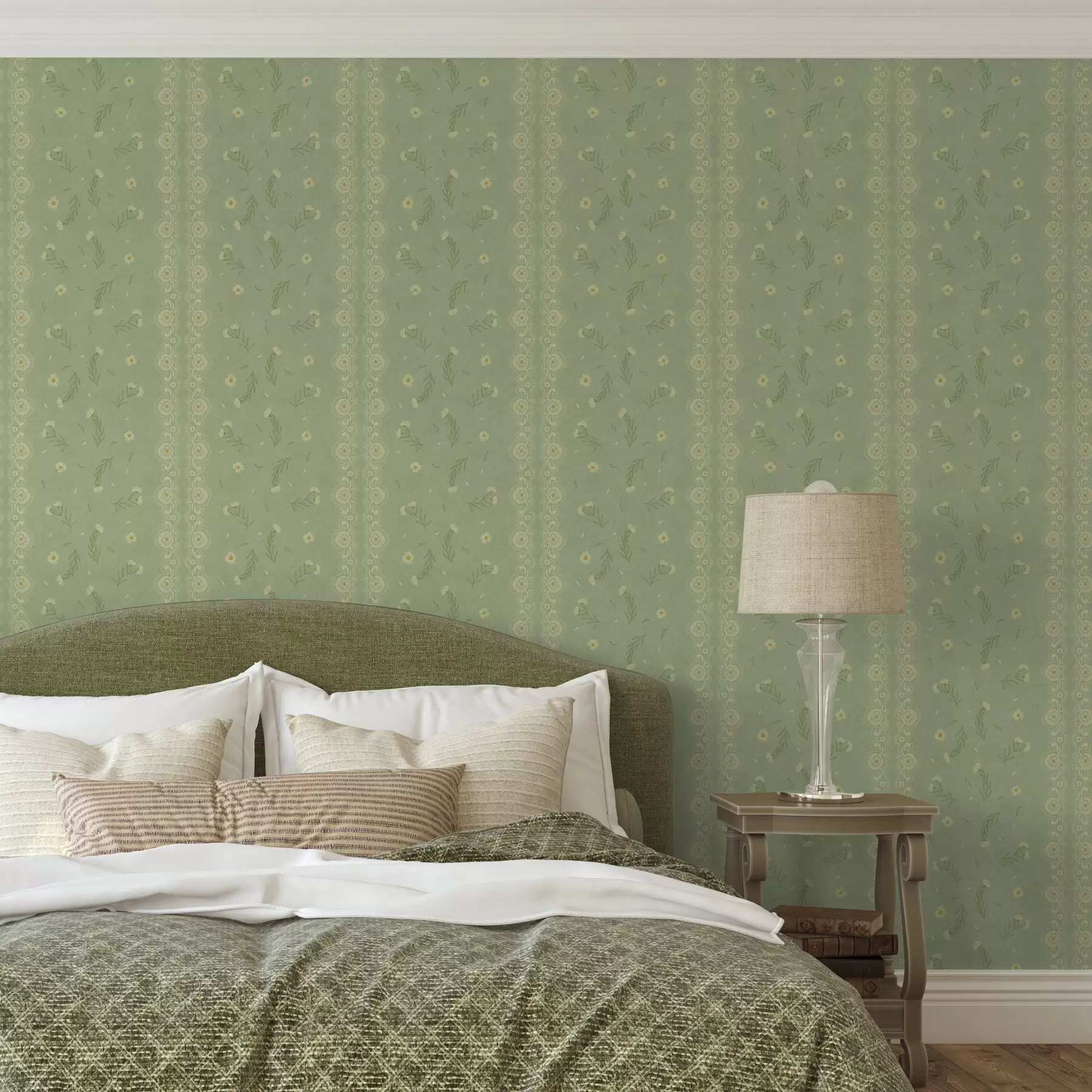 wall murals Green background with daisies and lace edge a00291