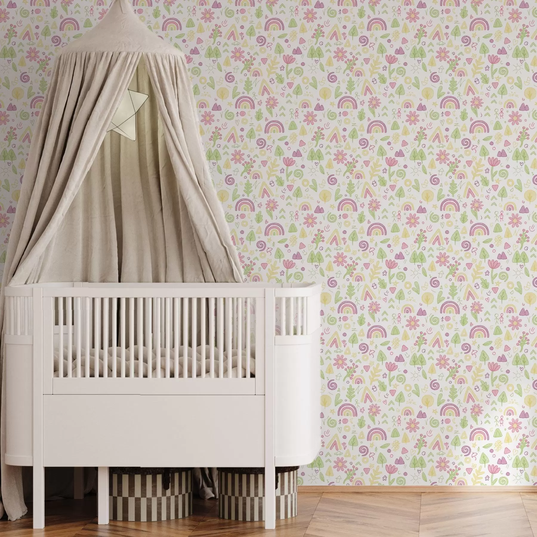 wall murals Children’s drawing with rainbows, flowers, and trees a00296