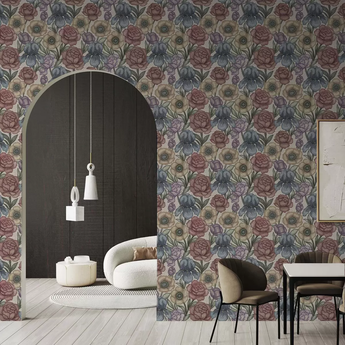 Wallpaper Large floral illustrations with irises and peonies a00325