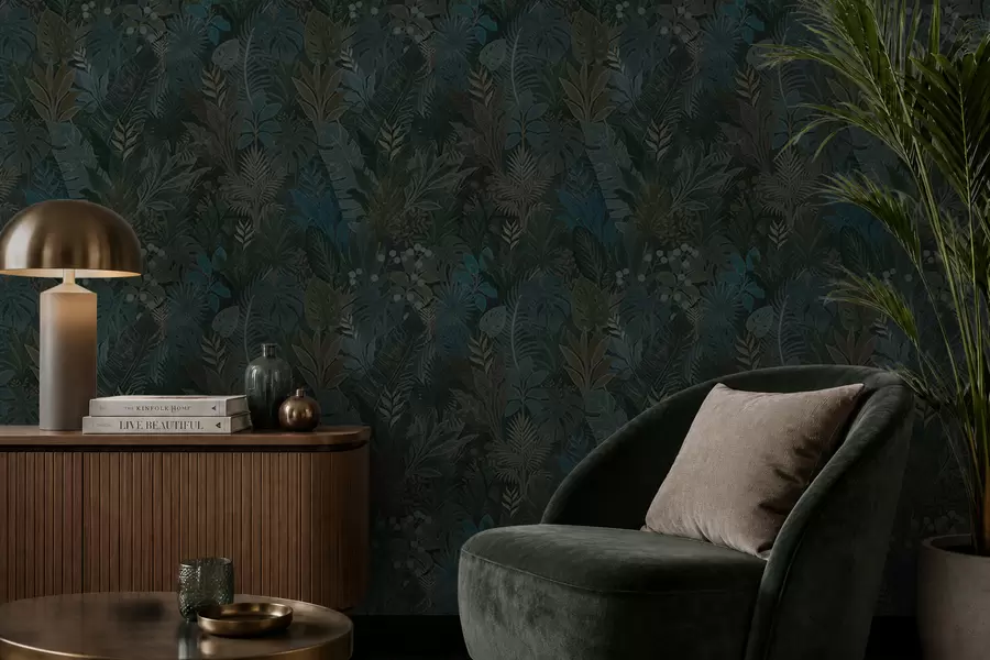 wall murals Dark green tropical foliage with blue accents a00327