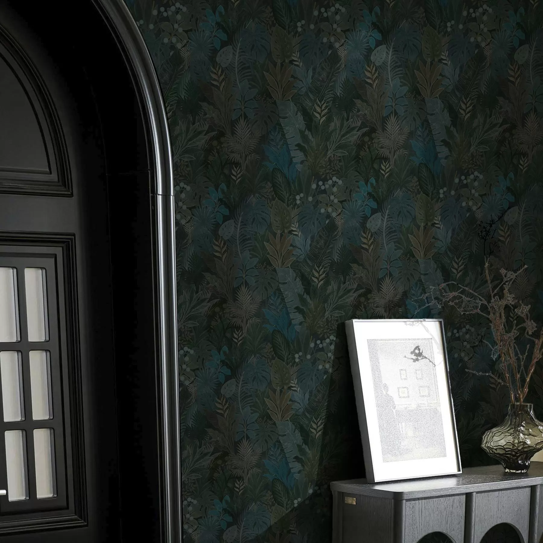 wall murals Dark green tropical foliage with blue accents a00327