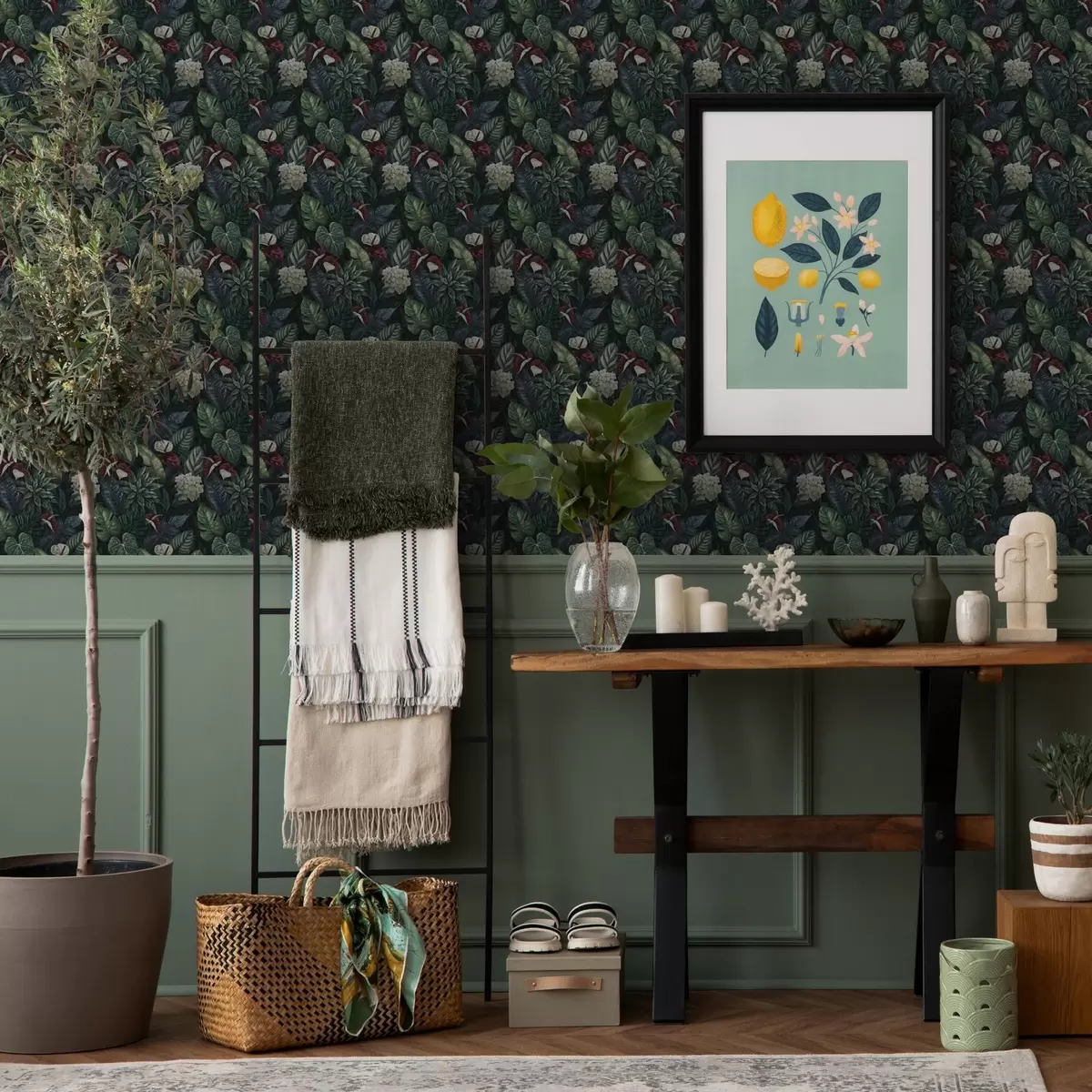 Wallpaper Tropical leaves with white and red flowers a00361