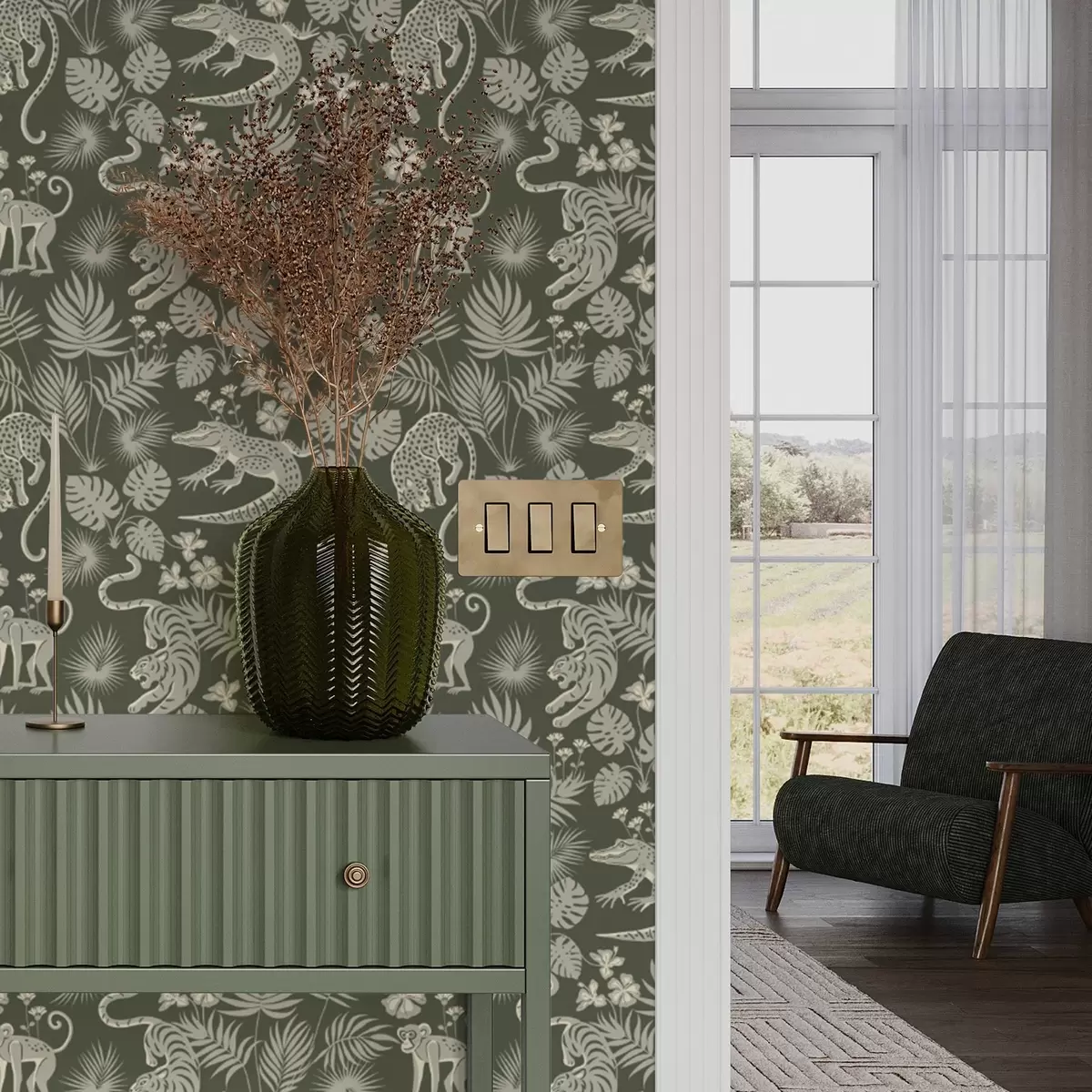 Wallpaper Silhouettes of wild animals among tropical leaves a00404