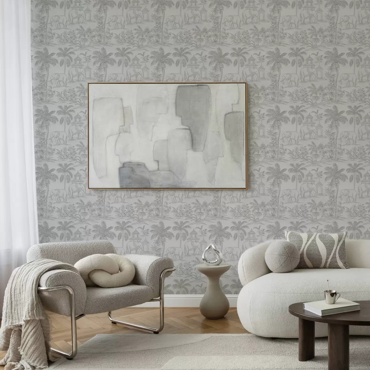 Wallpaper Monochrome elephants and jungle in graphic style a00410