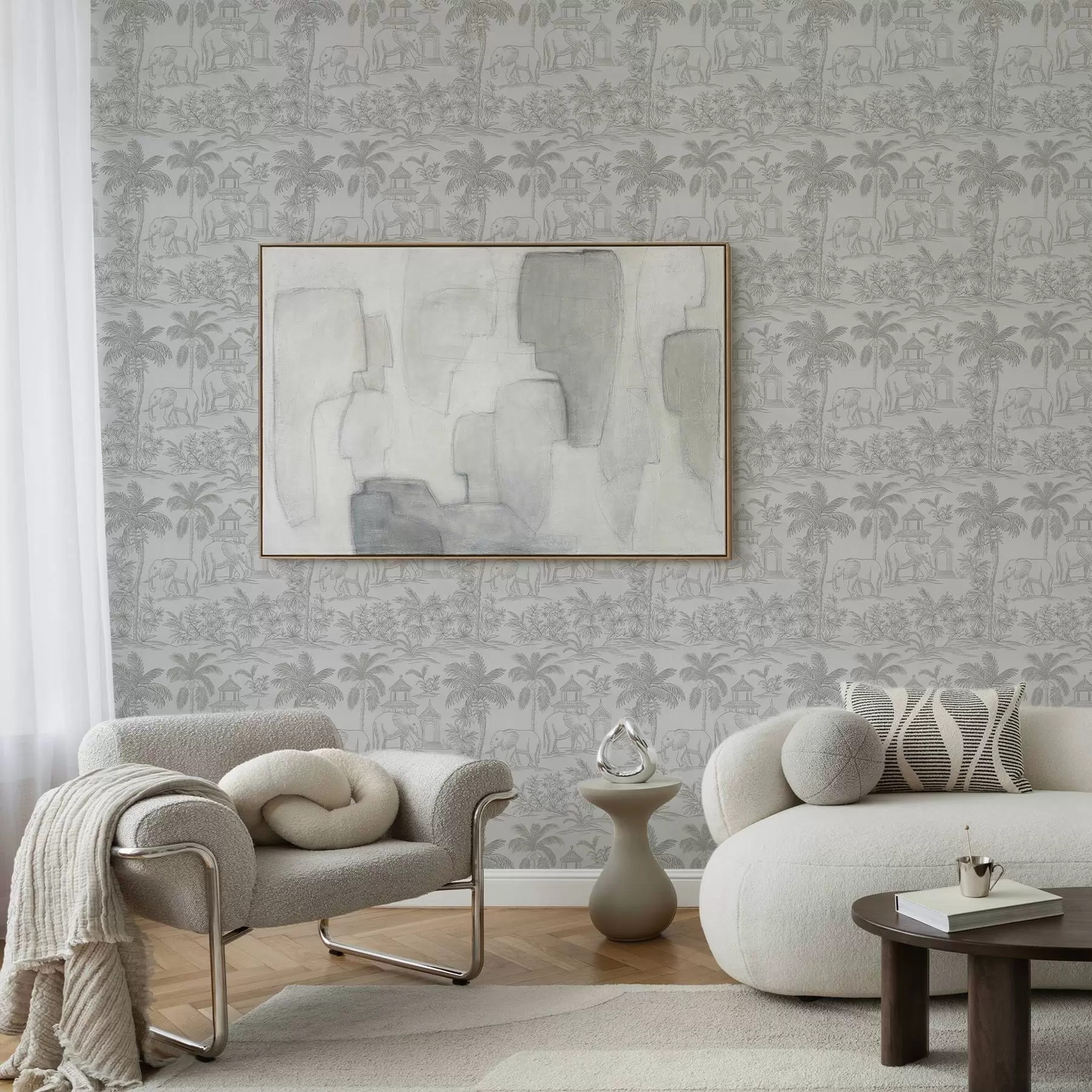 wall murals Monochrome elephants and jungle in graphic style a00410