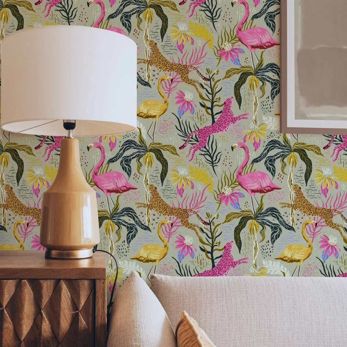 Wallpaper Bright flamingos and leopards among tropical plants a00470