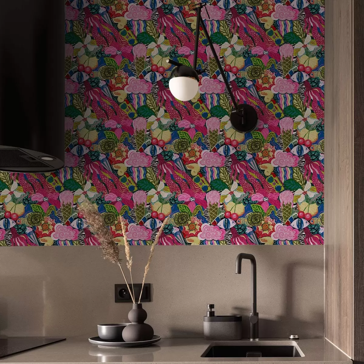 Wallpaper Abstract pop-art with flowers, berries, and patterns a00471