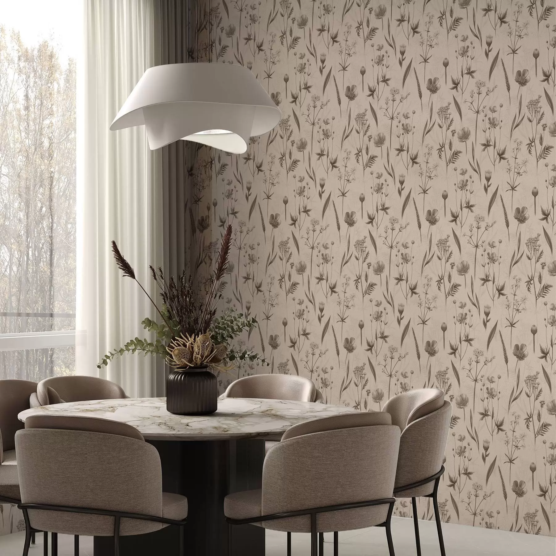 wall murals Yellow flowers and greenery in gray-brown tones a00472v1