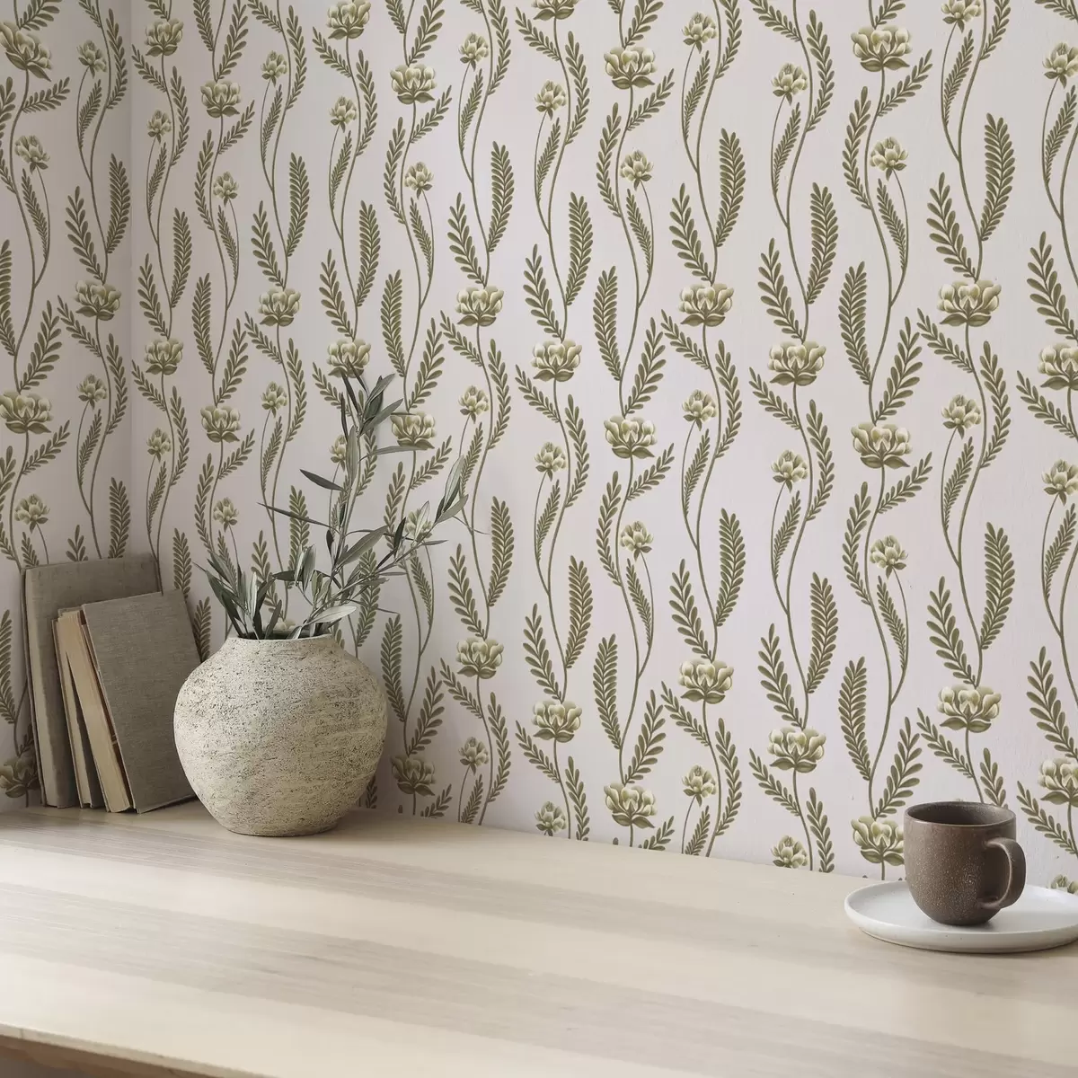 Wallpaper Vertical ornament with white flowers on a pink background a00476