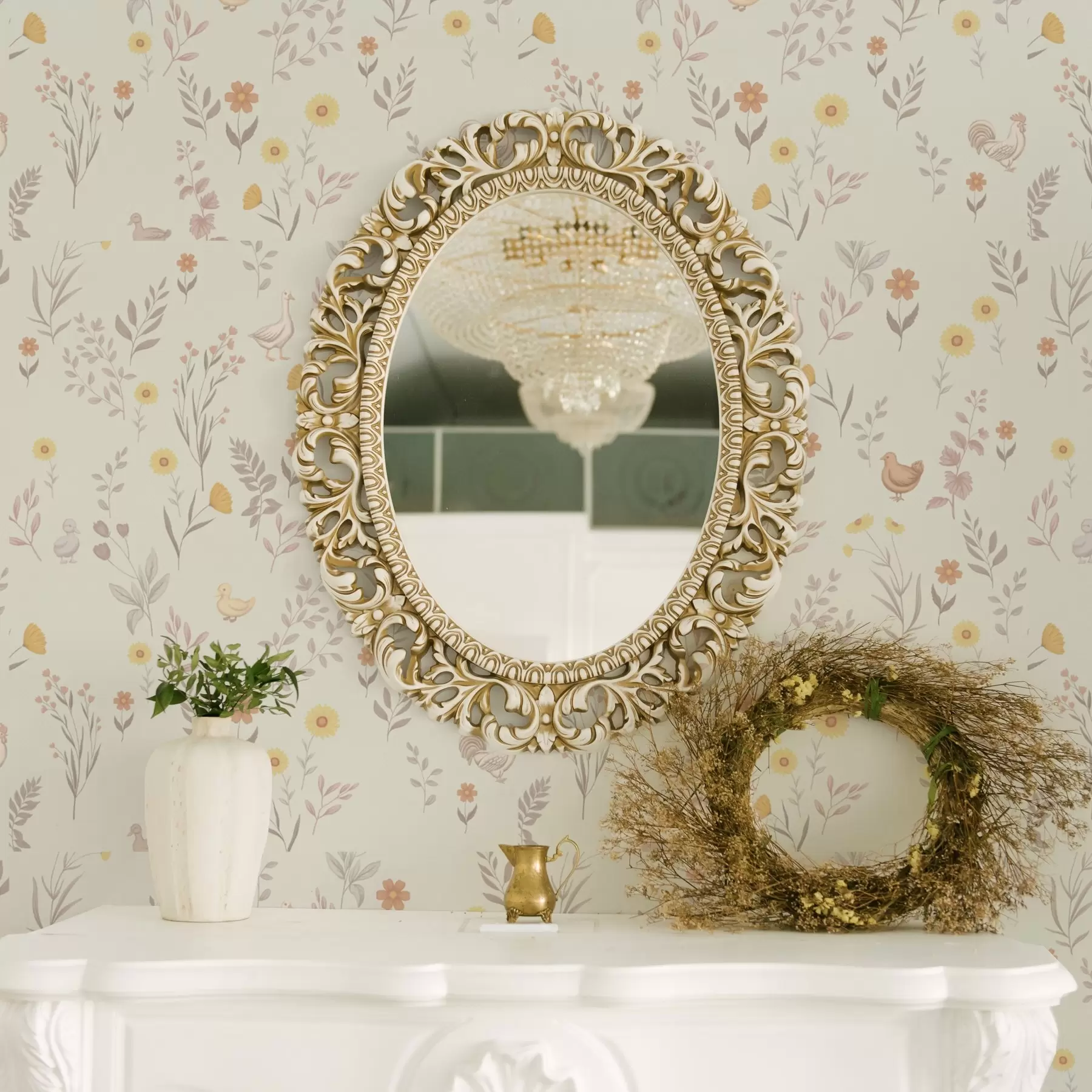 wall murals Field flowers and chickens in soft pastel tones a00478