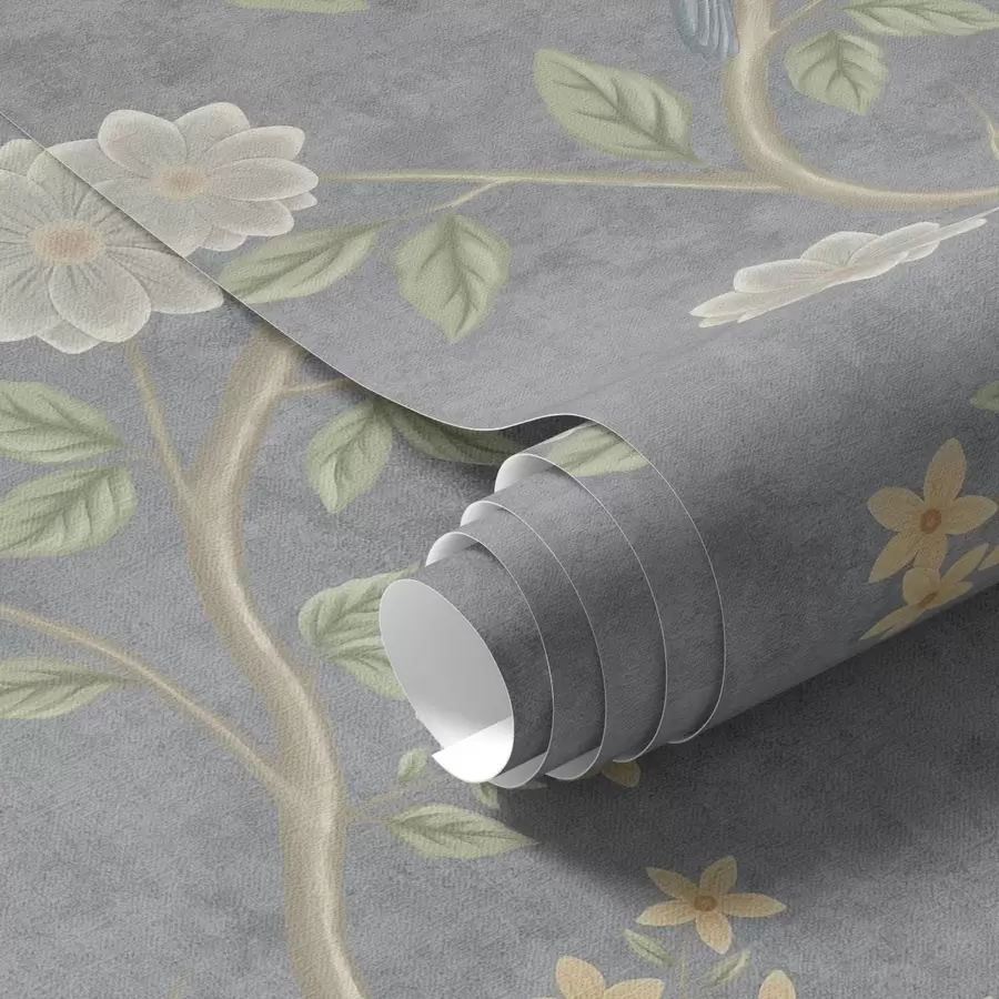 wall murals Birds on branches among flowers on a gray background a00483