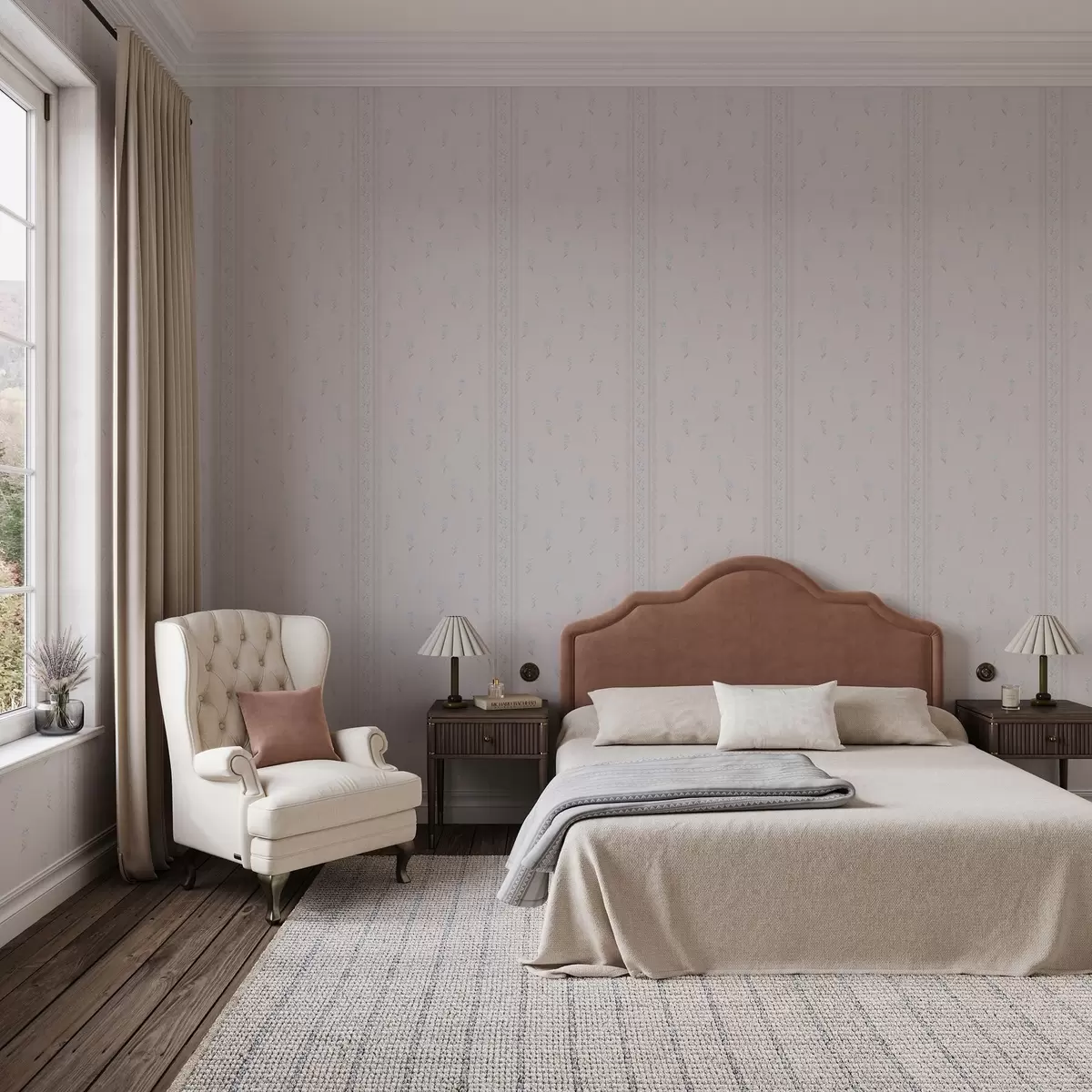 Wallpaper Pink background with delicate blue flowers and border a00484