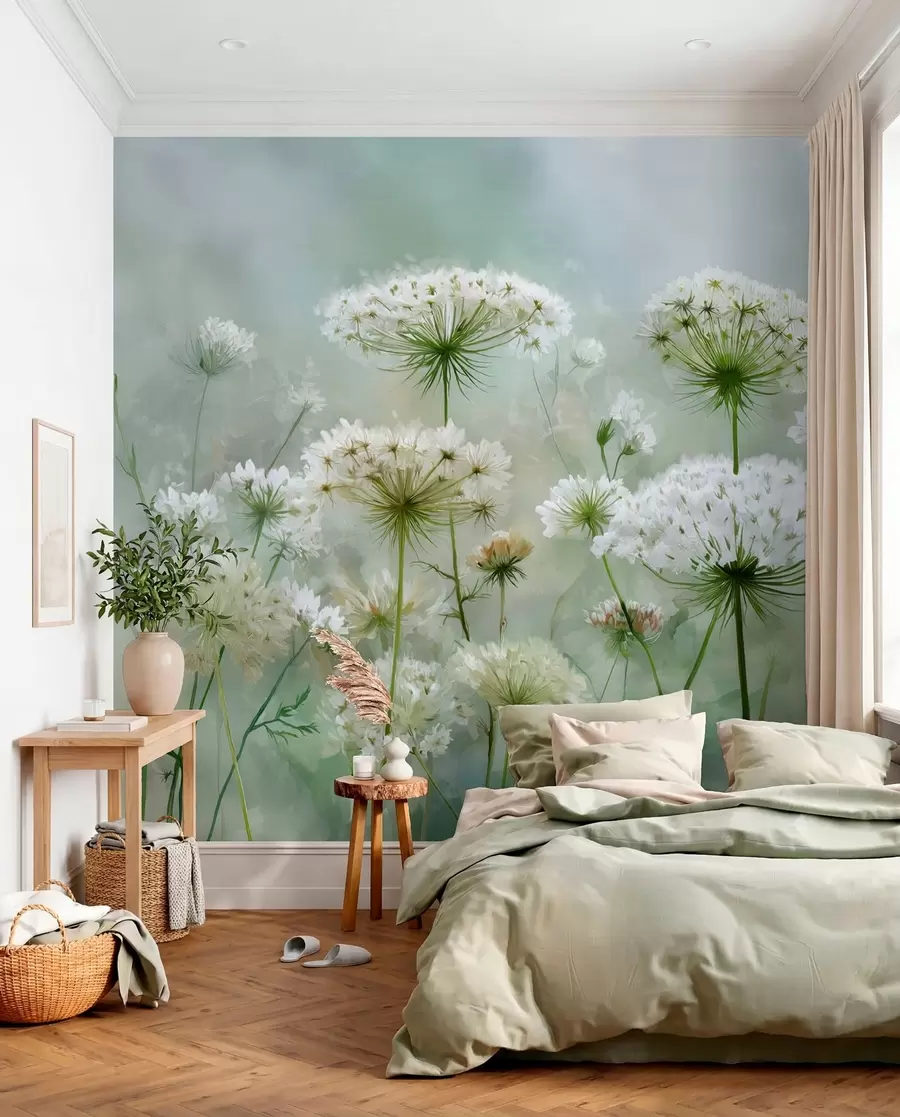 wall murals delicate white wildflowers Queen Anne, in a picturesque style, green tones w04313
