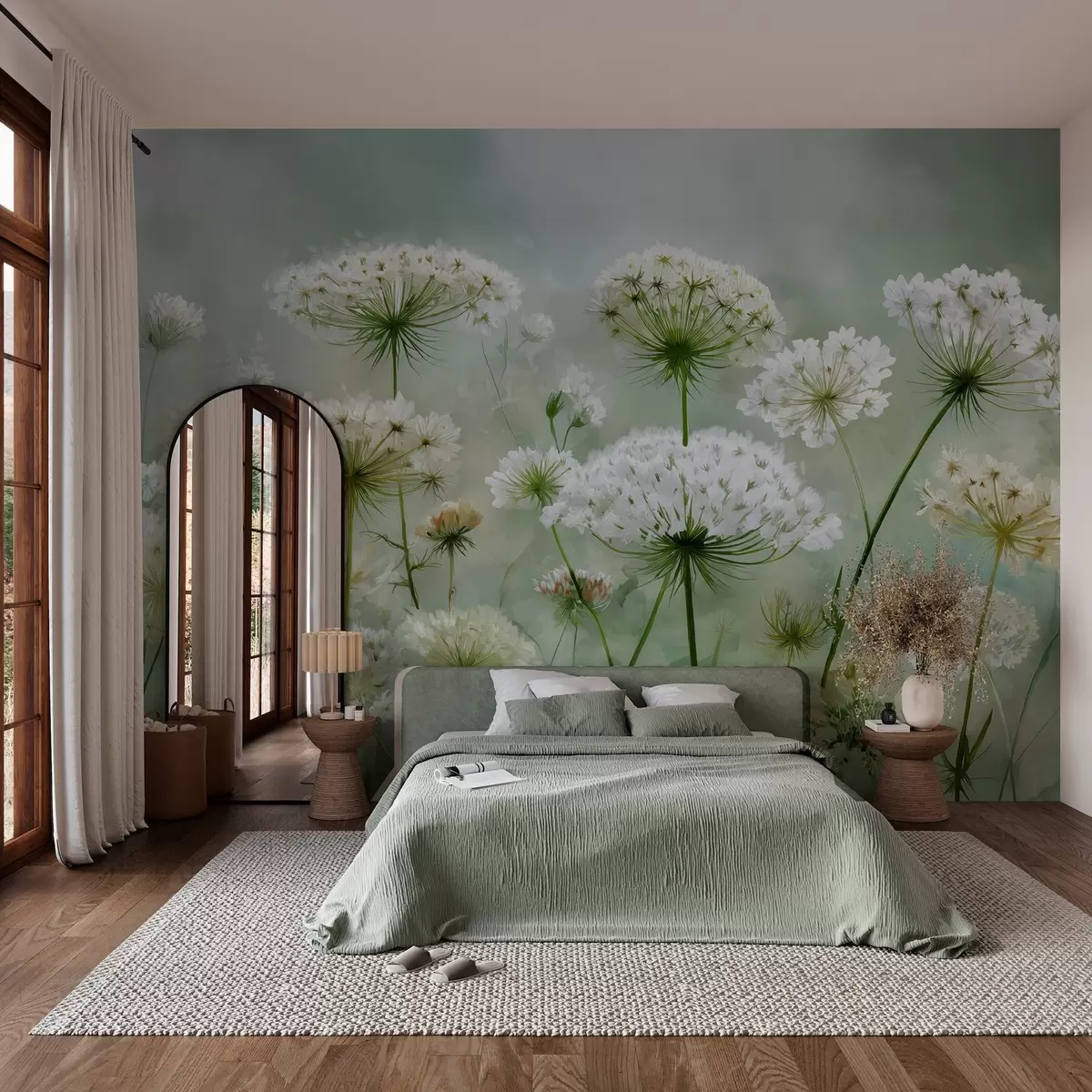 wall murals delicate white wildflowers Queen Anne, in a picturesque style, green tones w04313