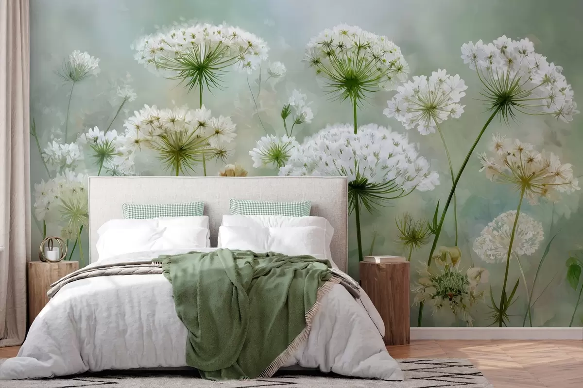 wall murals delicate white wildflowers Queen Anne, in a picturesque style, green tones w04313