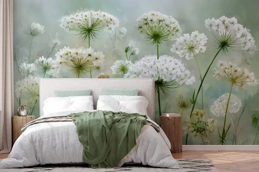 wall murals delicate white wildflowers Queen Anne, in a picturesque style, green tones w04313