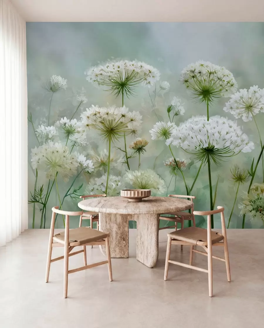 wall murals delicate white wildflowers Queen Anne, in a picturesque style, green tones w04313