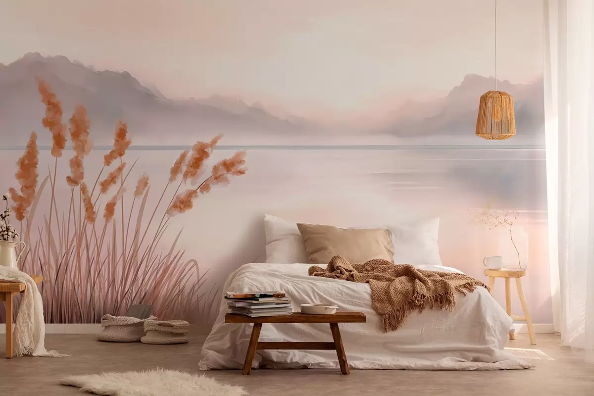 wall murals a picturesque lake with reeds and mountains w04315