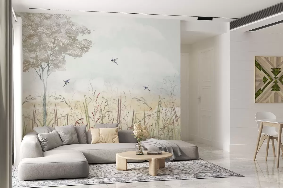 wall murals Landscape with tree, birds and meadow grasses w04350