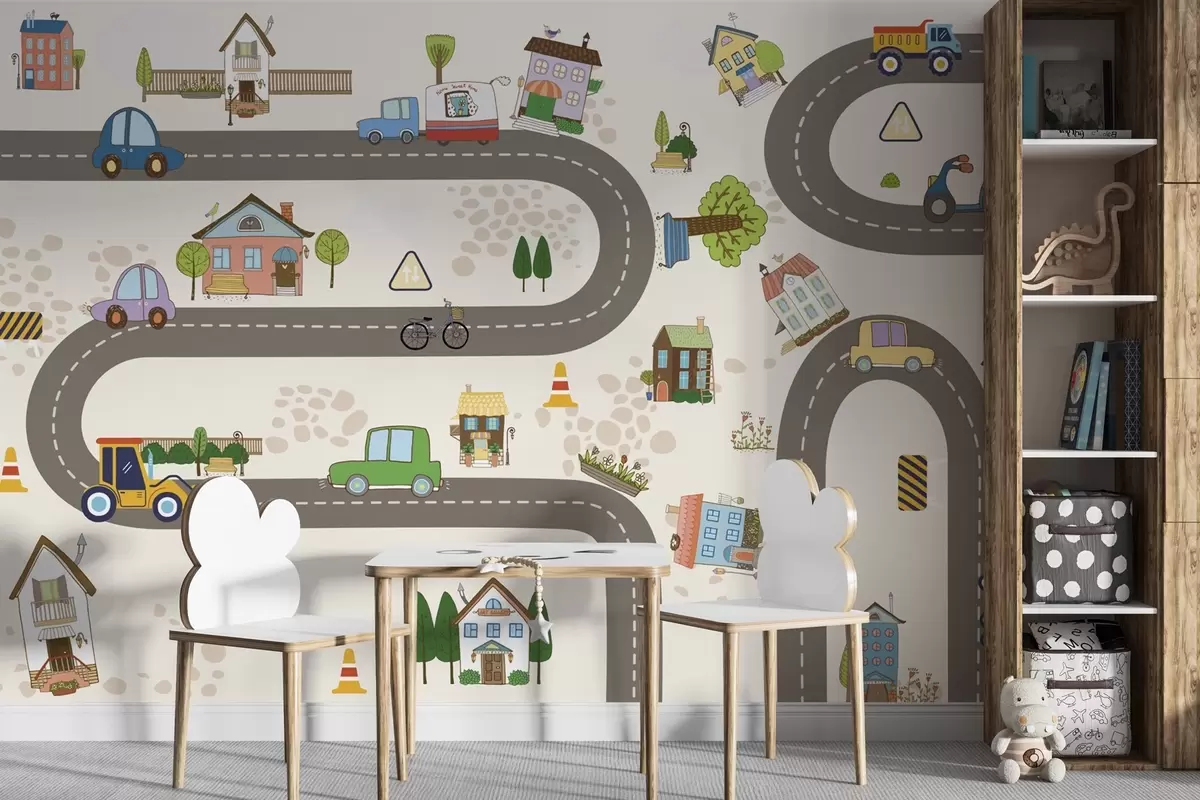 wall murals Children’s road with cars and colorful houses w04404