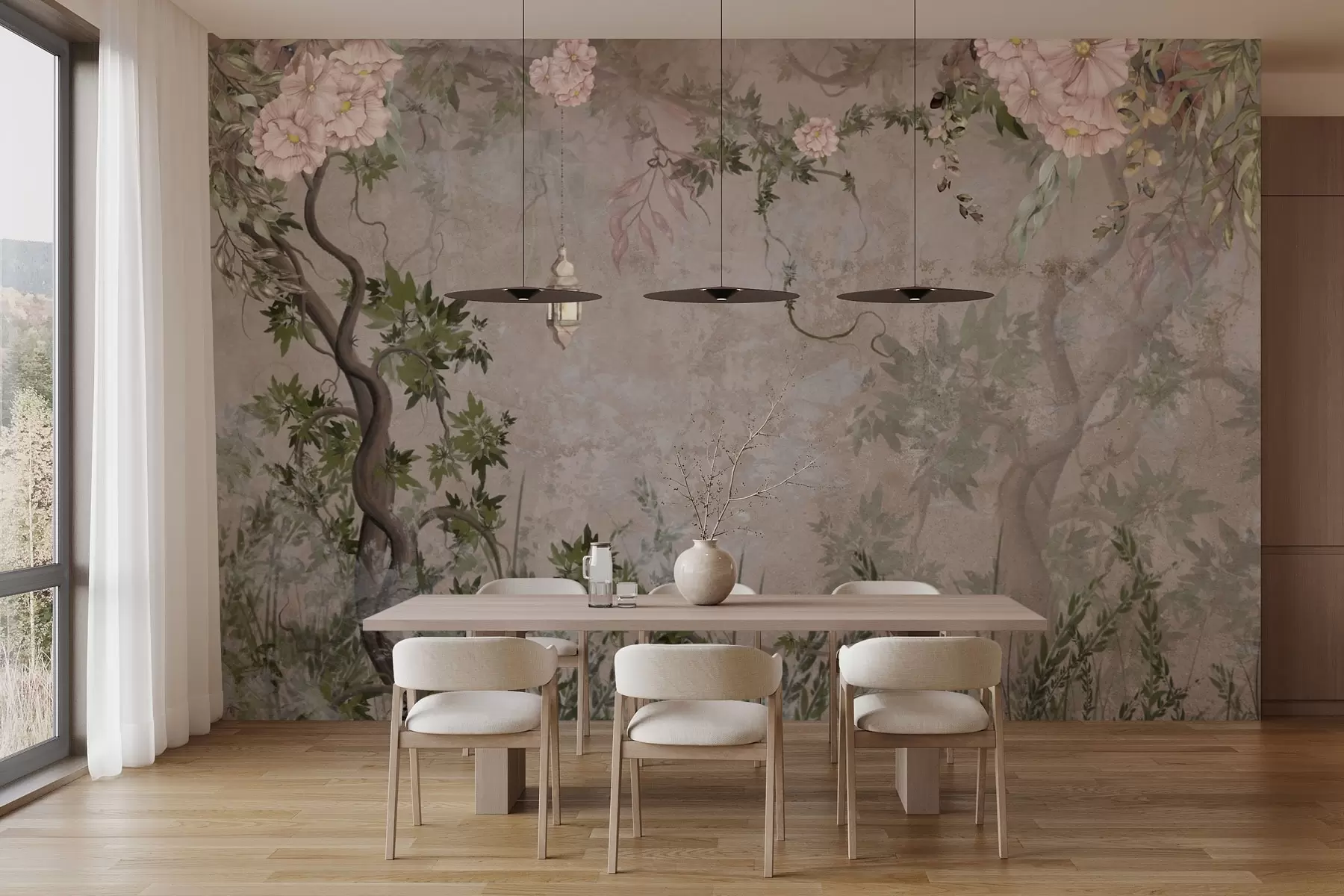 wall murals Fairy garden with flowers, trees and lantern w04416