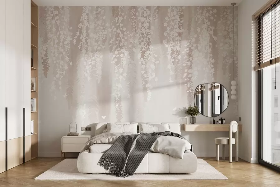wall murals Light branches with white flowers on a gentle background w04417