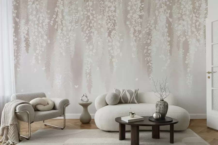 wall murals Light branches with white flowers on a gentle background w04417