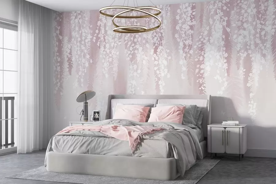 wall murals Pink version of branches with white flowers w04417v1