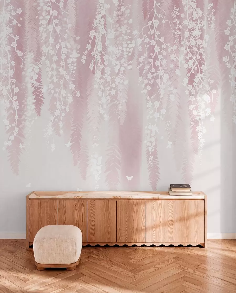 wall murals Pink version of branches with white flowers w04417v1