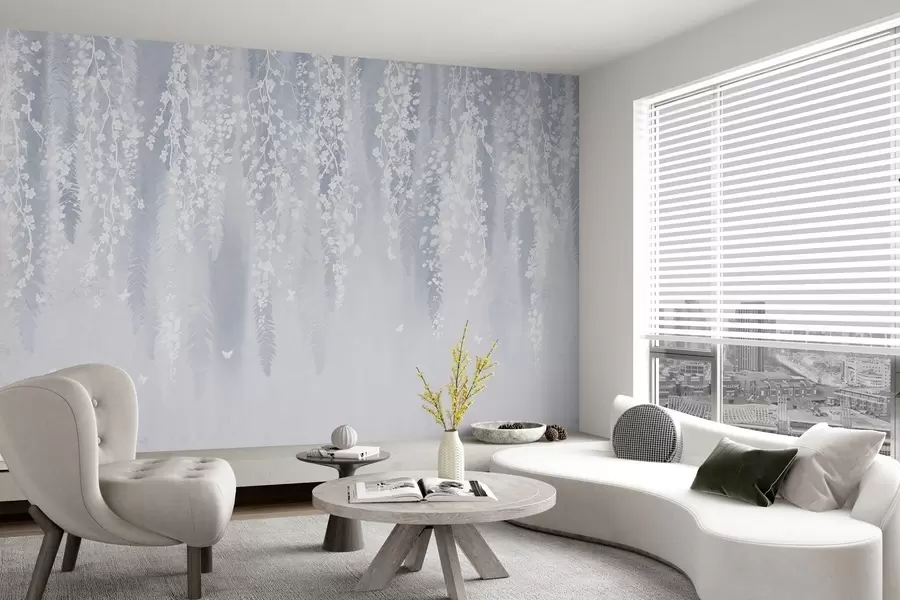 wall murals Cool blue version of branches with white flowers w04417v2