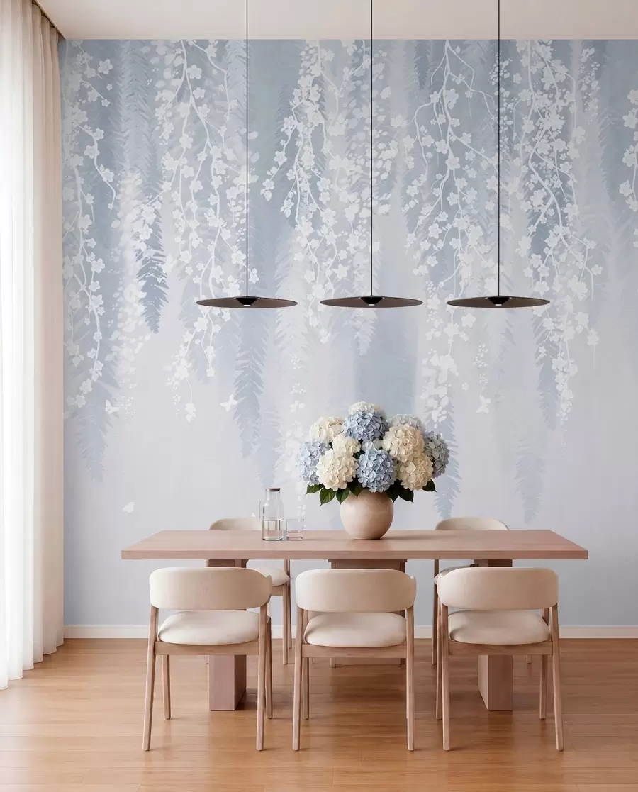 wall murals Cool blue version of branches with white flowers w04417v2